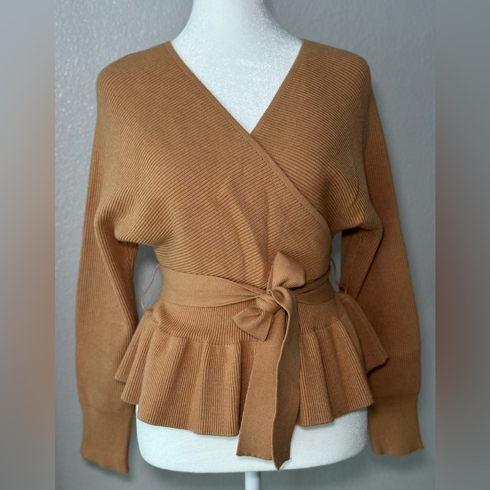 Sleeve Belted Waist Ruffle Knitted Sweater Pullover Top